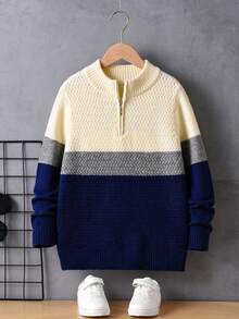 Tween Boys' Collegiate Striped Half-Zip Sweater, Small Stand Collar Knit Pullover Long Sleeve, Suitable For School, Everyday Wear, Spring, Autumn, Winter