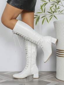 Women's Fashion Boots, White Boots, Square Toe Thick Heel Warm Boots, Thin Strap Side Zipper Ladies Boots, Elegant Women's Shoes - White - View 4