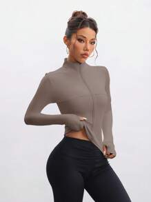 FWH 可变换高领/立领训练夹克，高性能剪裁，全天候灵活，适合多种运动，适合健身房/户外/瑜伽的多功能服装，运动时尚，可变换款式，高性能时尚，拇指孔训练上衣，修身拉链瑜伽外套（带拇指孔），女士可变换高领训练夹克 - 灰色 - 查看 6