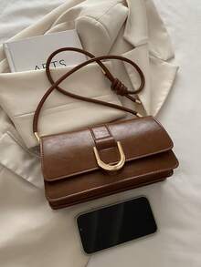 Retro Solid Colored Square Shoulder Bag All Matching Flap Armpit Purse Women's Simplest Armpit Bag, New Year's Ideal Gift, Women's Fashion Business Casual Bag, Office, Business And Work Perfect - Brown - View 10