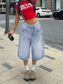 Y2K Street Vintage Jorts Washed Cat Whiskered Slant Pockets Wide Leg Bermuda Jeans Comfy Casual Vacation Denim Shorts Spring/Summer Cropped Trousers For Women - Bông tuyết chiên - Xem 3