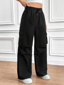 Pantalones cargo con bolsillo lateral con solapa con diseño arrugado y cordón para mujer - Negro - Ver 4