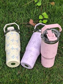 1pc 30oz Cute Bow Pattern Double Wall Stainless Steel Insulated Tumbler, Flat Bottom Cup, Coffee Cup, Car Cup, Water Bottle, Outdoor Mug, Tea Cup, Vacuum Flask, Designed With Straight Drinking Lid And Straw Lid, Suitable For Outdoor, Office, Home, School, Car, Gym, Travel, Birthday Gift, Holiday Gift, Mother's Day Gift, Father's Day Gift, Back To School, Valentine's Day Gift