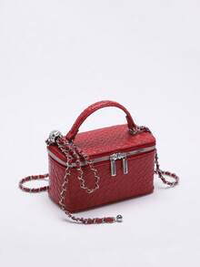 1 Túi hộp thêu kim cương chần bông PU dệt nổi màu trơn thời trang, Túi vuông nhỏ có khóa kéo thời trang và đa năng, Túi xách nữ có dây đeo xích, Phụ kiện bi đồng có thể điều chỉnh - Đỏ - Xem 4