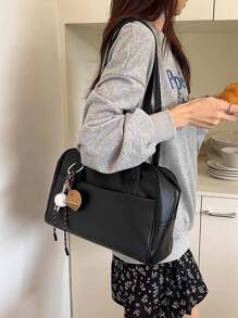 Korean Style New Pillow Handbag, Retro Shoulder Bag, Large Capacity Tote Bag For Work Commute, No Pendant Included, Pendant Is For Styling Only - Black - View 3
