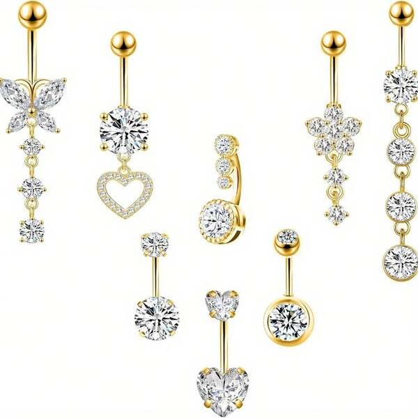 8 Pcs Gold 316 Stainless Steel Rhinestone Womans Belly Button Ring Dangle Set Ornament Fashion Luxurious Piercing Navel Ring Jewelry For Holiday Beach Dance Party Summer Bikini Accessories Pool Party Decor
