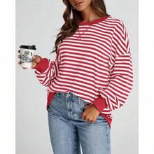 Womens Oversized Striped Sweatshirt Crewneck Long Sleeve Pullover Top Casual Y2K Spring Clothes 2026 Workout Shirt,Vacation Outfits Women,Valentine Outfits For Women,Street Photography - 紅白 - 查看 7