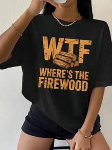 100% Cotton Where's The Firewood Camp Saying Funny Joke T-Shirt Crew Neck Short Sleeve T-Shirt, Casual Print Graphic Cotton Tees Women Tops - 黑色 - 查看 1