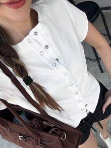 Casual White Short Sleeve Shirt With Symmetric Buttons