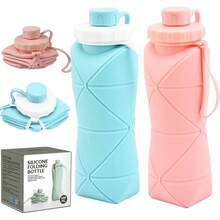 (2 Pack) Collapsible Bottle Travel [Double Leak-Proof Design] [Cap With Safety Rope] BPA Silicone Foldable Bottle Outdoor Hiking Sports Lightweight, Couple (Gray+Green) - Blue+Pink - View 2