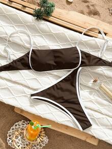 Women Simple Spliced Tie Back Sexy Girls Bikini Set High Waist Bathing Suits Beach Outfit Female Swimwear Coffee Color Backless Larger Size