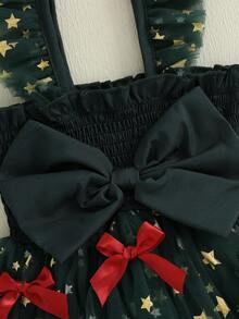 Newborn Baby Girl Christmas Outfit, 1st Christmas Dress Sleeveless Stars Bows Tulle Patchwork Romper Dress With Hairband - 綠色 - 查看 9