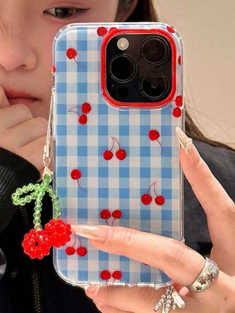 1pc Minimalist Plaid Cherry Compatible With IPhone 16 Phone Case, IPhone 15 Pro Max New Model 13 Protective Cover 14/12 Full Coverage 16 Niche With Cherry Pendant Phone Case