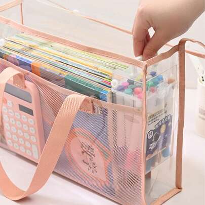 1 件 A4 双层手提包，透明加厚多功能文件夹，PVC 防水学生作业袋，大容量高品质简约桌面整理器，主题分隔文具用品公文包，适合日常通勤