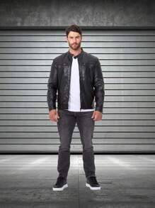 男士户外专业摩托车皮夹克，插肩袖机车夹克，PU 皮夹克，立领运动夹克，拉链口袋，黑色，适合秋冬，羊毛 - 黑色 - 查看 6