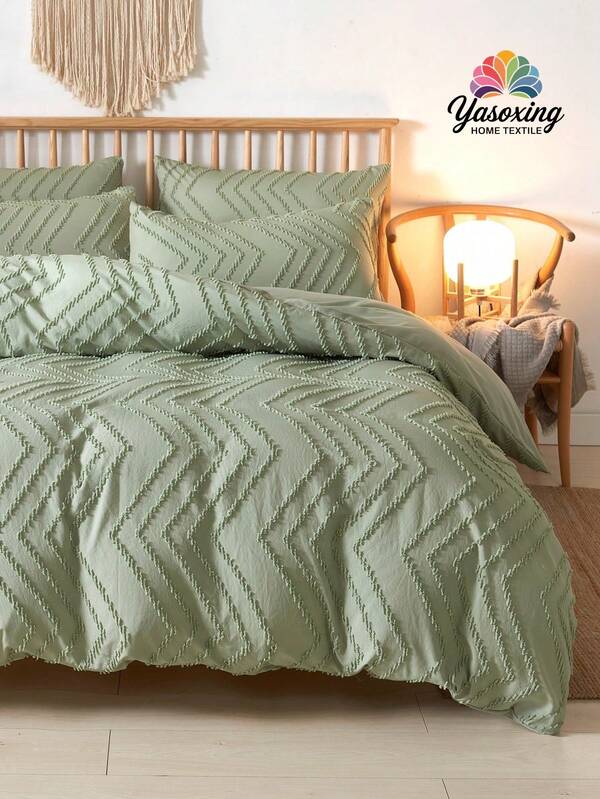 3Pcs Green Tufted Geometric Striped Pattern Duvet Cover Set (1pc*Duvet Cover + 2pcs*Pillowcase, No Pillow Core), Soft Two Tone Design Bedding Set For Bedroom & Guest Room