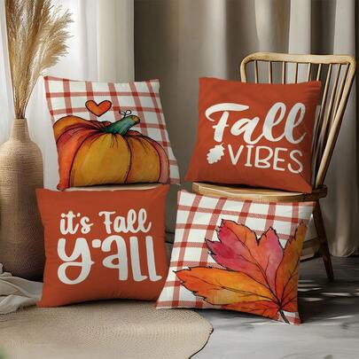 MEMNUN 4pcs Autumn Orange Plaid Pumpkin & Maple Leaf Print Pillow Covers [No Pillow Insert], 17.7*17.7in(45*45cm)/19.69*19.69in(50*50cm)/15.75*15.75in(40*40cm), [Single-Sided Printing] Autumn Harvest Polyester Throw Pillow Covers For Sofa, Living Room, Bedroom, Car, Office, Hotel, Homestay Decor, Perfect Gift For Family And Friends