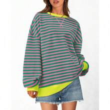 Womens Oversized Striped Sweatshirt Crewneck Long Sleeve Pullover Top Casual Y2K Spring Clothes 2026 Workout Shirt,Vacation Outfits Women,Valentine Outfits For Women,Street Photography - 粉紅綠色 - 查看 3
