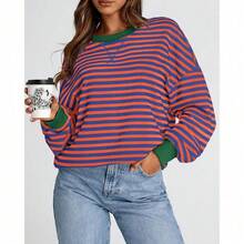 Womens Oversized Striped Sweatshirt Crewneck Long Sleeve Pullover Top Casual Y2K Spring Clothes 2026 Workout Shirt,Vacation Outfits Women,Valentine Outfits For Women,Street Photography - 皇家藍橙色 - 查看 5