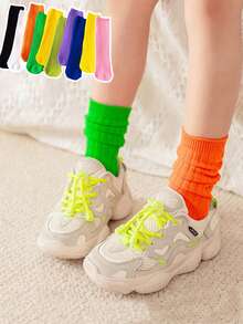 1 Pair Children's Colorful Mid-Calf Socks, Solid Color Vertical Striped Girls' Knee-High Socks, Fashion Versatile Candy Color Crew Socks, Suitable For 3-8 Years Old Boys And Girls - Multicolor - View 1