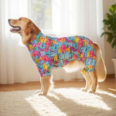 狗狗睡衣、狗狗康复服、狗狗服装、狗狗套头衫、狗狗StuffUltra、狗狗服装、狗狗衣服、狗狗配饰、小狗睡衣、小狗衣服、小狗配饰、小狗服装、适合中小型和大型犬种的睡衣，柔软有弹性，全身印花 - 彩色可爱卡通怪物，S-6XL