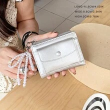 银色裂纹皮革仿珍珠吊坠短款钱包简约双折拉链开合多卡位皮革钱包女士钱包迷你钱包钱包秋季小钱包可爱钱包秋季腕带钱包 - 彩色 - 查看 5