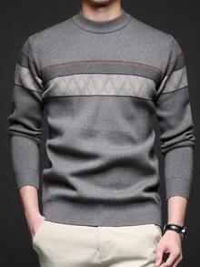 Men's Thick V-Neck Jacquard Sweater, Casual Business Commute Long Sleeve Pullover, Suitable For Layering Or Outerwear, Autumn/Winter - Light Grey - View 1