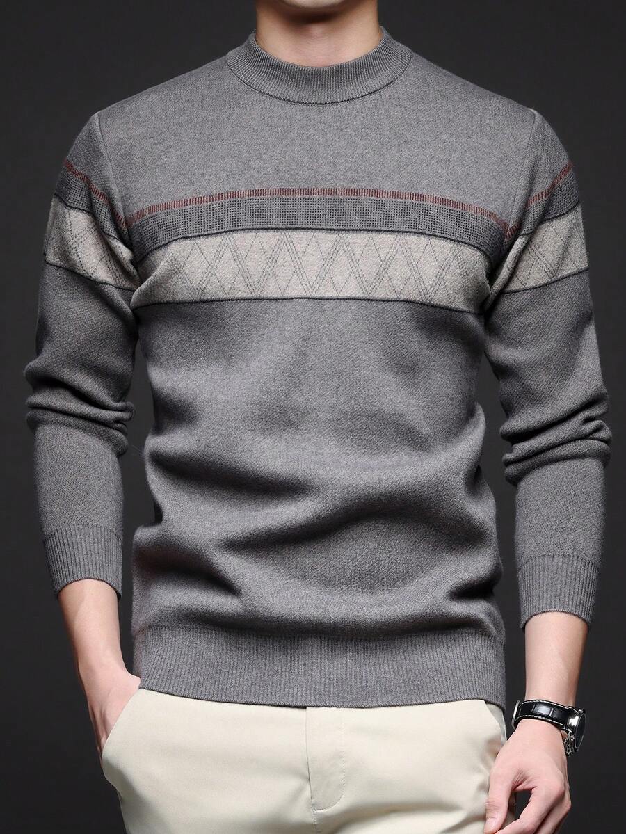 Men's Thick V-Neck Jacquard Sweater, Casual Business Commute Long Sleeve Pullover, Suitable For Layering Or Outerwear, Autumn/Winter - Light Grey - View 1