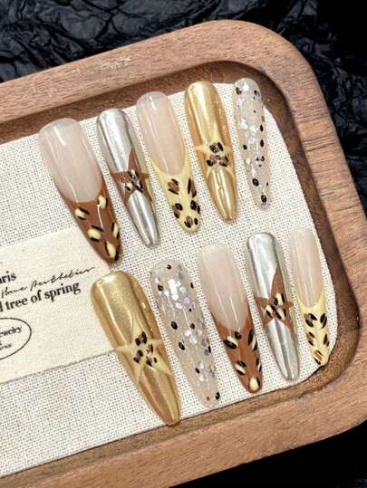 10 Pieces Acrylic Press On Nails, Back To School Season,Autumn And Winter Nail Art,Fake Nails, Nail Supplies,Fusion Of Metal, Leopard Print, Color-Transparent Elements, Sweet, Cool And Exquisite Style, Leopard Print Manicure,Suitable For Ladies To Use In Weddings, Parties, Holidays, Gift Nail Tools.