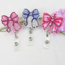 1pc Pink Glitter Floral Printed Bow Stethoscope Needle Tube Shaped Acrylic Retractable Badge Reel With Clip ID Badge Holder Badge Reel Gift For RN LPN CNA Nurse Doctor Assistant Medical Staff