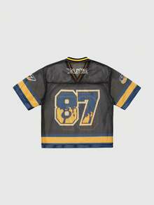 INFLATION 男式镂空网眼数字印花V领短袖针织短款上衣T恤 - 彩色 - 查看 2