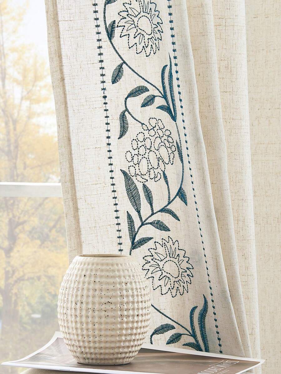 Vangao 2 Pcs Solid Color Embroidered Detail On Linen Fabric Curtains, Nice Quality Classy And Light Filtering Curtains, Great For Privacy While Still Allowing Light Through Curtains,Retro Rural Style Drapes Home Decoration - 藍色 - 查看 1