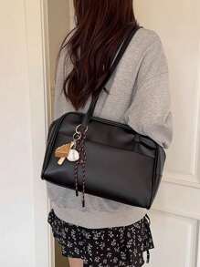 Korean Style New Pillow Handbag, Retro Shoulder Bag, Large Capacity Tote Bag For Work Commute, No Pendant Included, Pendant Is For Styling Only - Black - View 5