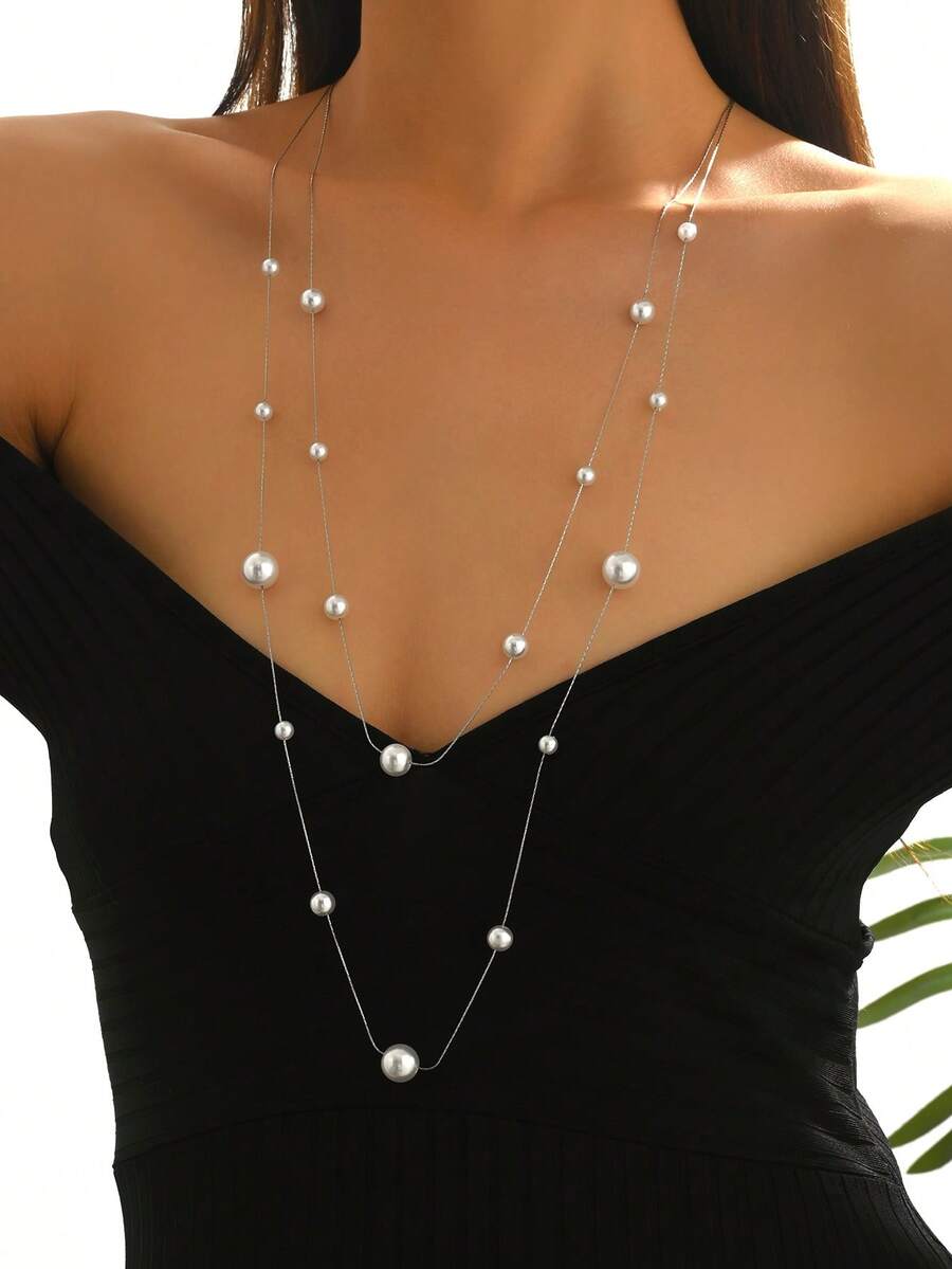 LIEBEIRIS 18k镀金双层珍珠长项链，女士不锈钢项链，适合日常佩戴和送礼 - 銀色 - 查看 1