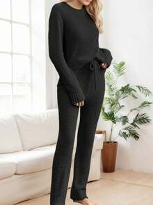 tooluck Women's Casual Pajama Set Fuzzy Fleece Knitted Long Sleeve Pj Loungewear Black - 黑色 - 查看 3