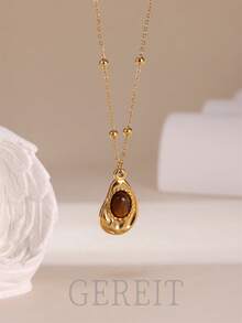 1pc 18K Stainless Steel Asymmetrical Tiger Eye Stone Pendant Necklace, Suitable As Mother's Day Gift - Water Drop - View 1