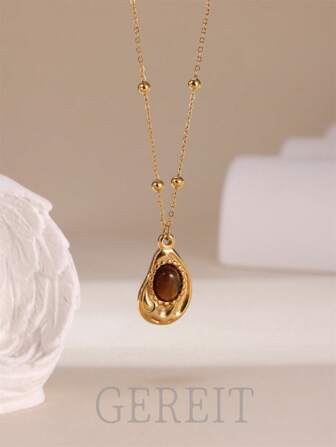 GEREIT 1pc 18K Stainless Steel Asymmetric Tiger Eye Stone Pendant Necklace For Women