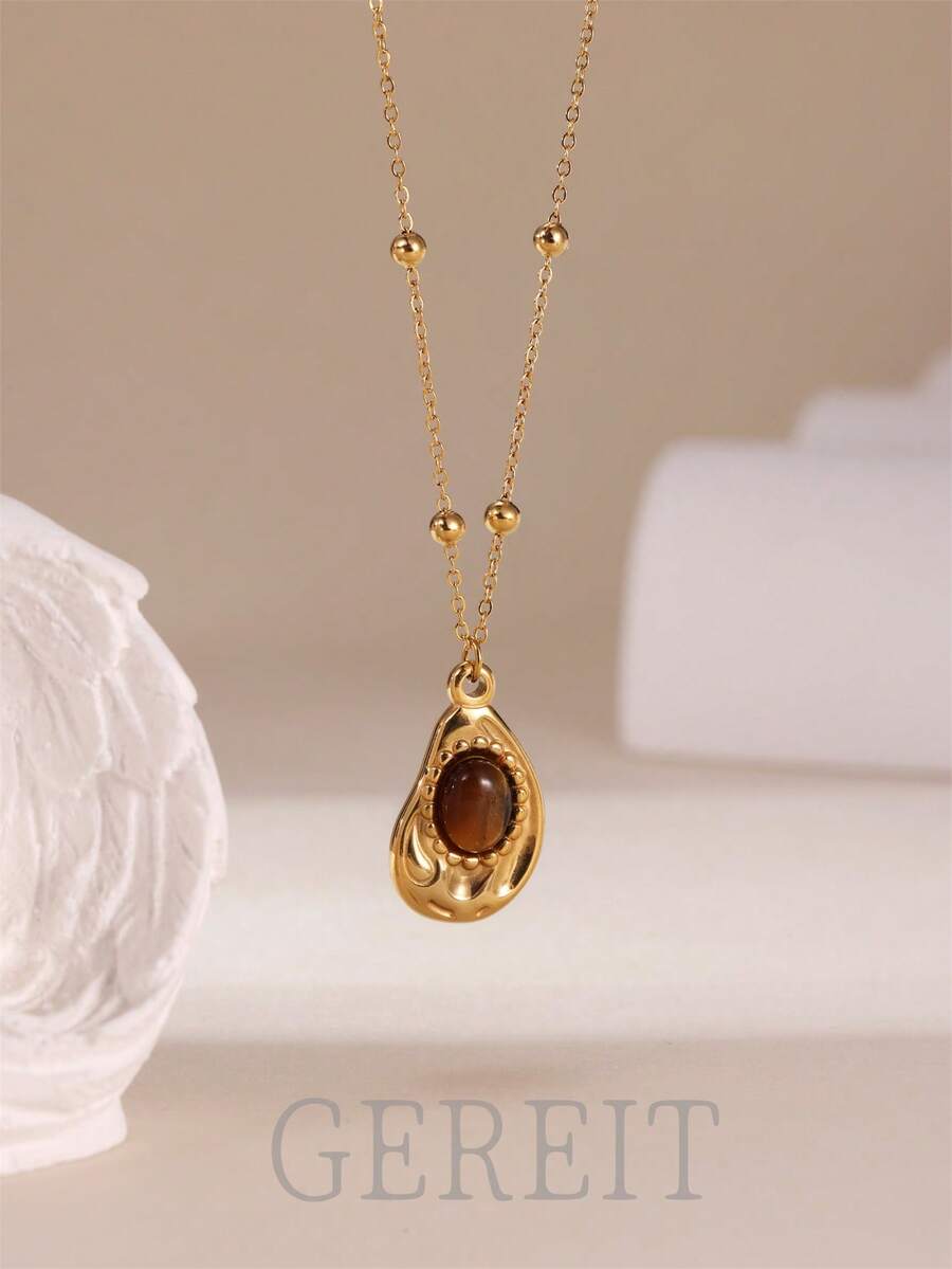1pc 18K Stainless Steel Asymmetrical Tiger Eye Stone Pendant Necklace, Suitable As Mother's Day Gift - Water Drop - View 1
