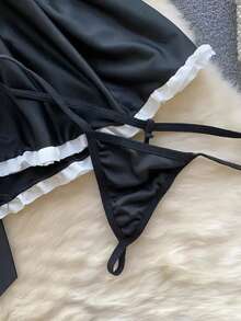 8件套：1个发箍+1个项圈+1条连衣裙+2条吊袜带+2双袜子+1条丁字裤，性感甜美鲶鱼网眼万圣节/圣诞节服装套装，春季黑色 - 黑色 - 查看 5