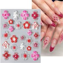 5D Embossed Hibiscus Nail Art Stickers With Gold Beads Self Adhesive Clear Floral Designs Autumn Flower Decals For Women Girls Manicure Art