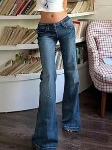 New Fashion Womens Denim Flare Leg Jeans 90s Low Rise Vintage Pants Club Street Style Hot  S M L - D - 查看 4