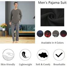 Pajamas For Men Set Long Sleeve Henley Microfleece Shirt Plaid Flannel Pants Comfy Pjs Sleepwear Plush Loungewearhalloween - Navy+Navy - View 3