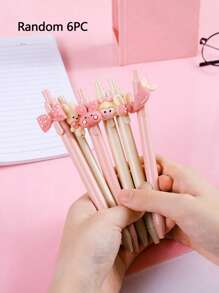 1/3/6支卡通中性笔 可爱贴纸按钮笔 学生考试/办公签字笔 0.5mm黑色墨水 可爱女孩按钮中性笔 学生学习文具 考试签字笔