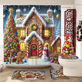 Christmas Gingerbread Snowman Holiday Shower Curtain Set - 12 Hooks, Cute Christmas Decor For Winter, Includes Waterproof Curtain, Chocolate And Ivory Rugs, Non-Slip Floor Mat, U-Shaped Toilet Lid Cover
