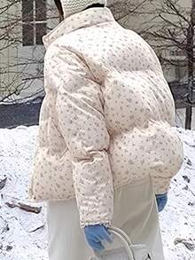 Winter Women Casual Loose Puffer Jacket Long Sleeve Floral Printed Stand Collar Short Pockets Padded Coat Korean Fashion Party Coats Christmas Outerwear Female Clothes Birthday Outfits