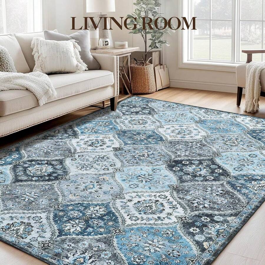 Machine Washable Rugs, Vintage Floral Throw Rugs, Farmhouse Indoor Floor Mat, Easy To Clean, Soft, Non-Slip Low Pile Accent Rug For Living Room, Bedroom, Dining Room, Kitchen - Xám xanh - Xem 1