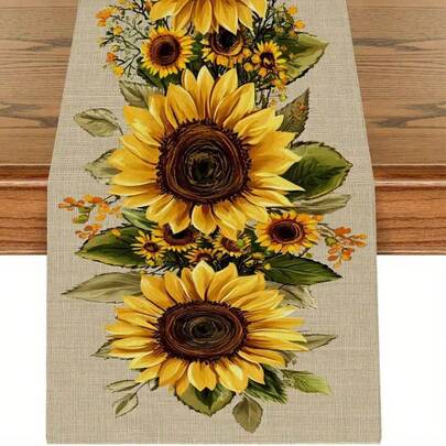 1pc Country Style Sunflower Table Runner - Beige Base With Vibrant Yellow Floral Pattern, Polyester Fabric, Suitable For Dining Table, Coffee Table And Home Decor, All Seasons, Sunflower Kitchen Decor (13x35.4/47.2/63/72/78.7 Inches), Autumn Decor, Room Decor