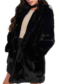 女士皮草大衣，冬季外套，女士秋季服装，黑色奢华大码冬季外套。这款厚实保暖的夹克采用柔软内衬、深口袋和卓越的保暖性能，是您户外探险的理想之选。 - 黑色 - 查看 7