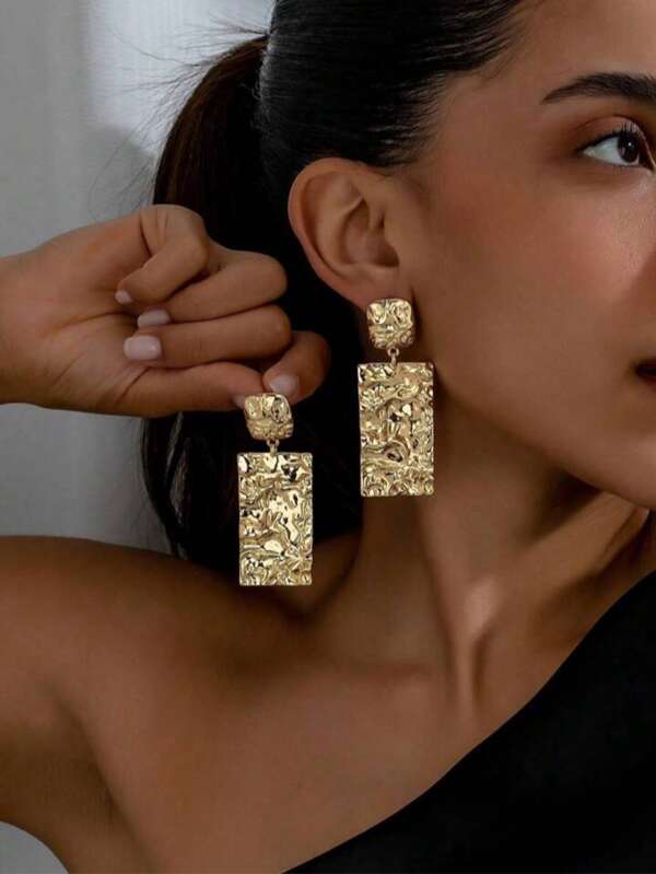 GARMEND 1pair Long Pleated Vintage Geometric Statement Earrings, Creative Ear Drop Earrings In Golden
