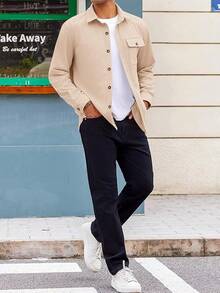 Mens Corduroy Button Down Jacket Casual Long Sleeve Shirts Ribbed Lightweight Shacket Jacket With Flap Pockethalloween - Khaki - View 10